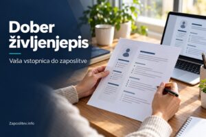 Pregledovanje življenjepisa ob prenosniku na urejeni delovni mizi.