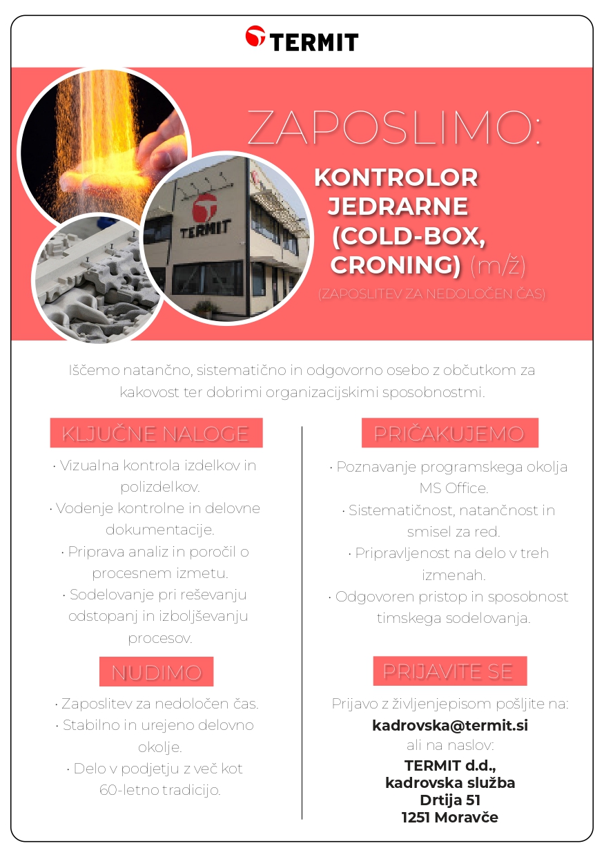 TERMIT zaposluje kontrolorja jedrarne (cold-box, croning)