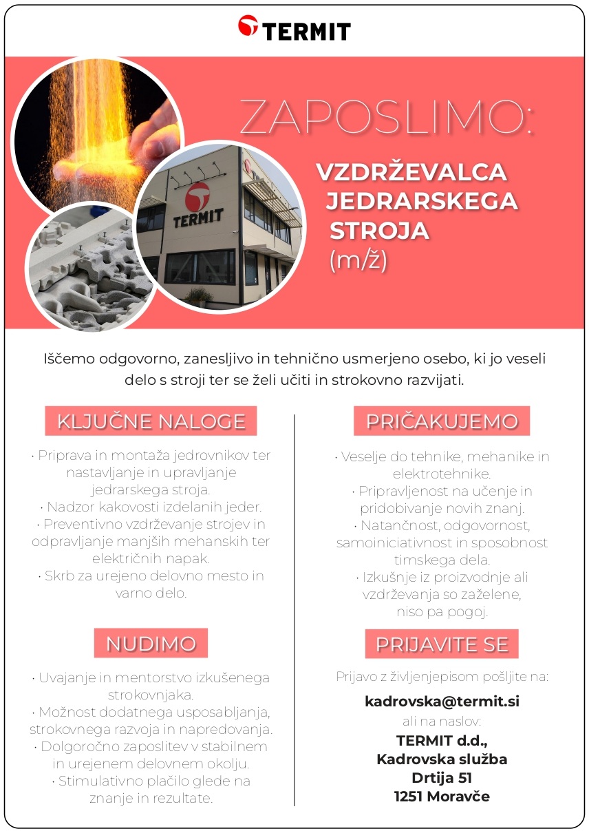 TERMIT zaposli vzdrževalca jedrarskega stroja (m/ž)