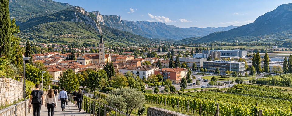 Ilustrativen pogled na Ajdovščino in Vipavsko dolino z ljudmi na poti na delo.