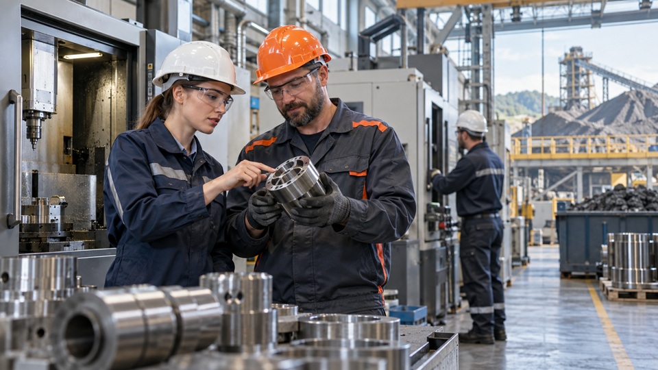 Strokovnjaki pregledujejo kovinski sestavni del v sodobnem industrijskem obratu