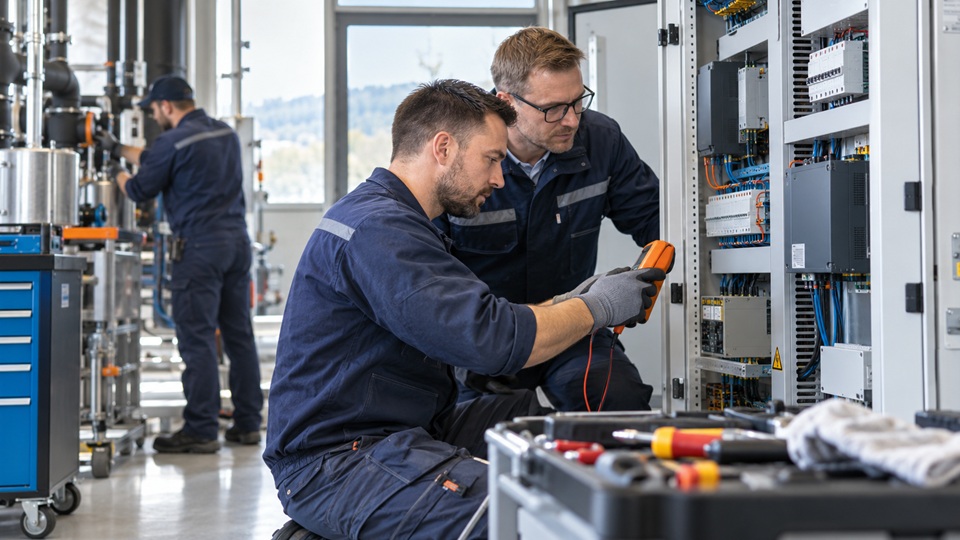 Servisna tehnika preverjata delovanje električne in industrijske opreme