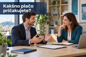 Kandidat in kadrovnica se na zaposlitvenem razgovoru pogovarjata o pričakovani plači.
