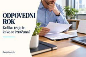 Moški za pisalno mizo pregleduje dokumentacijo ob koledarju, ob njem je naslov Odpovedni rok.