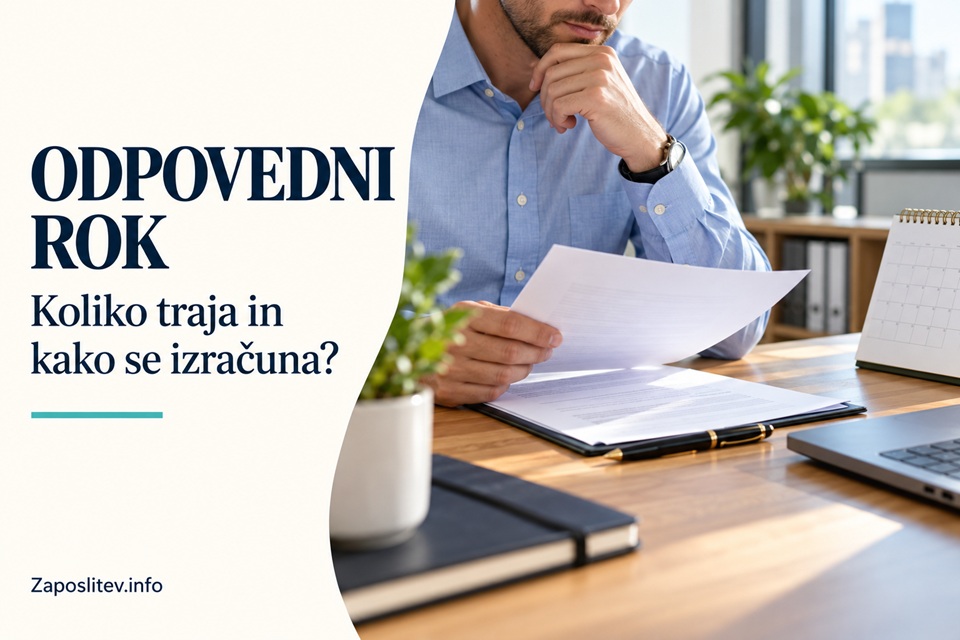 Moški za pisalno mizo pregleduje dokumentacijo ob koledarju, ob njem je naslov Odpovedni rok.
